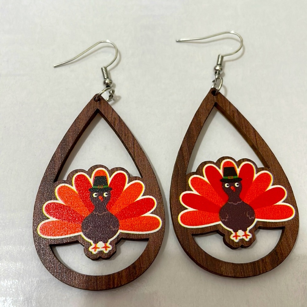🎉🦃  Thanksgiving Wood Multicolor Turkey Teardrop Earrings